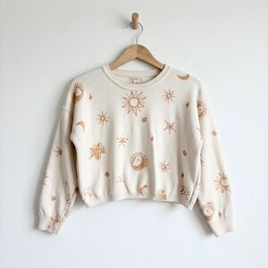 Sincerely Jules Celestial Sun Moon Star Knit Sweater Cream Tan XL Cropped Boho